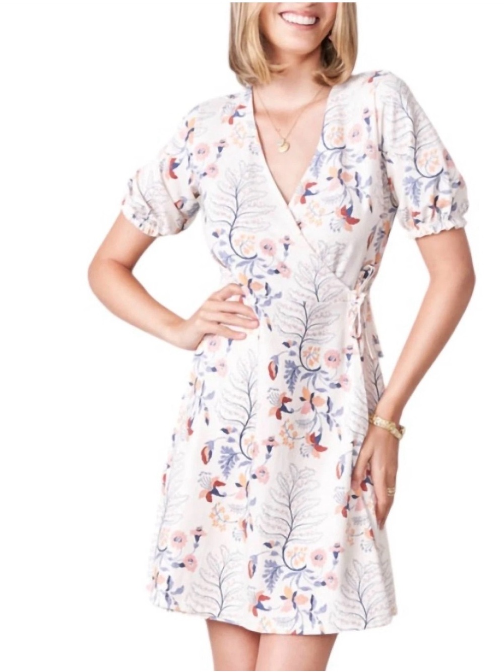 Spartina 449 Bevin Ivory Floral Short Sleeve Faux Wrap Dress - Womens XL